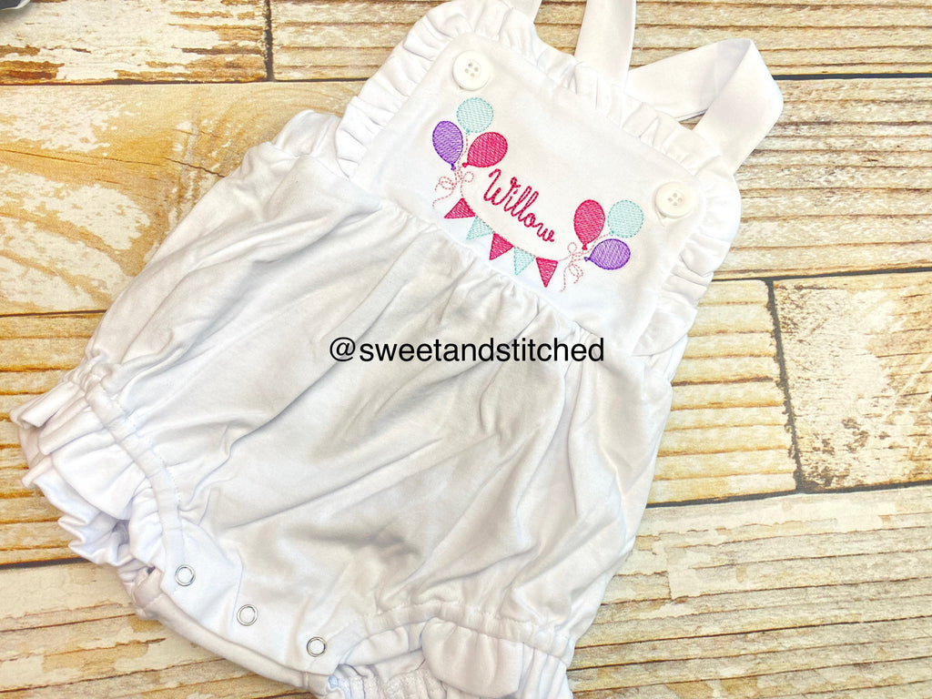 Monogrammed baby girl cake smash outfit with balloons and bunting banner design, girls birthday outfit, 1st birthday cake smash outfit