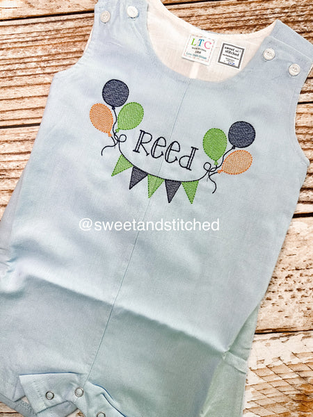 Monogrammed baby boy jon jon with balloons and bunting flags, baby boy birthday outfit with name, cake smash outfit, monogrammed jon jon