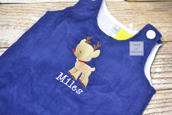 Baby boy Christmas outfit, Toddler Boys Christmas overalls, Boys monogrammed reindeer outfit, Navy Corduroy Christmas Longall Outfit