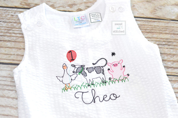 Monogrammed Boys Jon Jon with farm animals, Baby boy 1st birthday outfit, Personalized Baby boy cake smash romper, cow birthday outfit