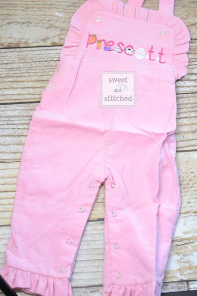 Monogrammed baby girl pink ruffle overalls with easter design, girls monogrammed easter outfit, 1st easter outfit, sibling easter outfits