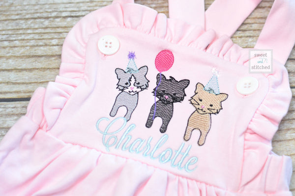 Monogrammed pink baby girl cake smash outfit with cat birthday design and name, girls birthday outfit, 1st birthday kitten cake smash outfit