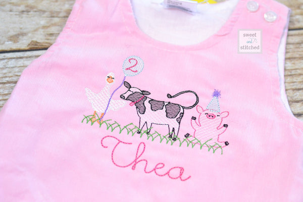 Baby girl monogrammed farm animal birthday jumper dress, monogrammed farm birthday party outfit, cow birthday cake smash