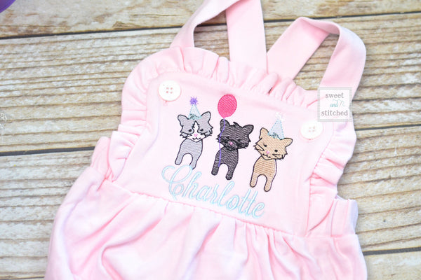 Monogrammed pink baby girl cake smash outfit with cat birthday design and name, girls birthday outfit, 1st birthday kitten cake smash outfit