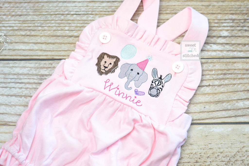 Monogrammed baby girl zoo themed ruffle bubble or dress in pink, baby girl zoo outfit, personalized zoo cake smash, 1st birthday