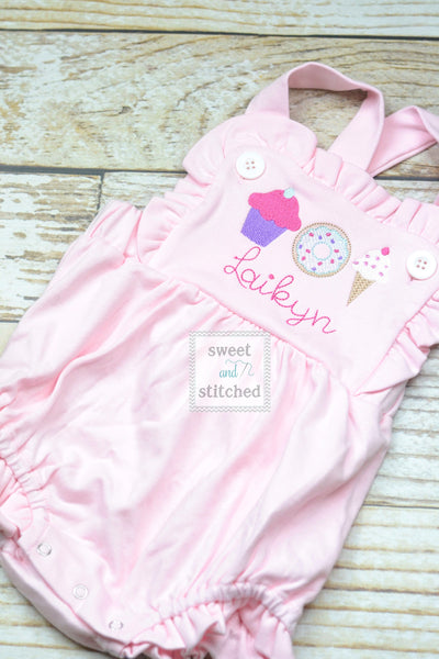 Monogrammed pink baby girl cake smash outfit with sweets trio and name, girls birthday outfit, 1st birthday sweets themed cake smash outfit
