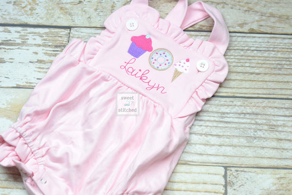 Monogrammed pink baby girl cake smash outfit with sweets trio and name, girls birthday outfit, 1st birthday sweets themed cake smash outfit