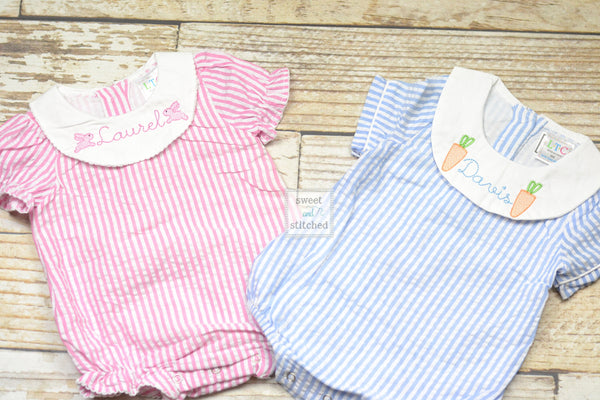 Monogrammed baby boy easter bishop bubble with carrots, monogrammed boys easter romper, seersucker monogrammed easter outfit