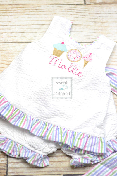 Monogrammed pink baby girl cake smash swing bloomer set with sweets trio and name, girls birthday outfit, sweets themed cake smash outfit