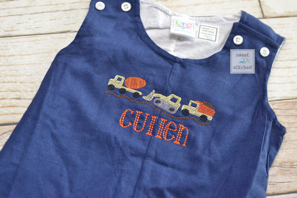 Monogrammed baby boy construction jon jon, baby boy outfit with trucks design, construction birthday outfit, construction cake smash