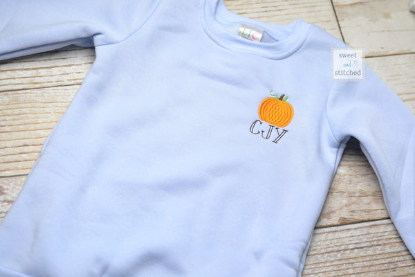 Monogrammed fall pumpkin sweatshirt, pumpkin sweatshirt, boys monogrammed sweatshirts, fall outfit, pumpkin outfit
