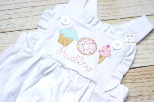 Monogrammed baby girl ruffle bubble with sweets trio, girls summer ice cream cone outfit, 1st birthday donut outfit, Summer birthday Outfit