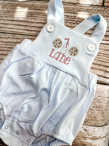 Monogrammed baby boy Birthday romper for cookie themed 1st birthday, cookie first birthday outfit, cookies and milk cake smash