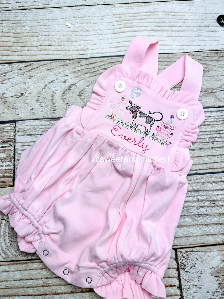 Monogrammed baby girl cake smash outfit with farm animals and name, girls pink farm bubble outfit, 1st birthday cow cake smash outfit